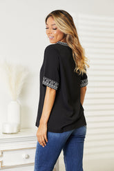 Double Take Embroidered Notched Neck Top OutfitFlow
